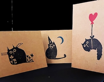 Cartes de correspondance chat - lot de trois avec enveloppes - papier kraft