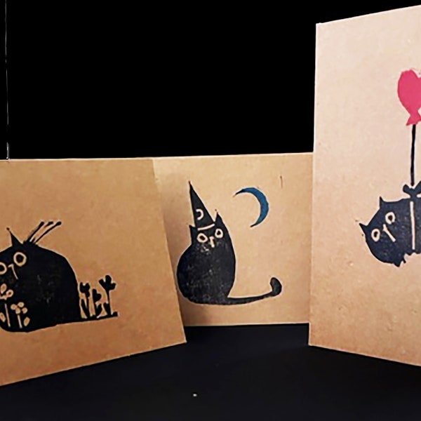 Cat Note Cards- Set of Three with Envelopes-Kraft Paper