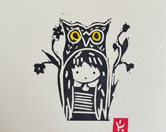 Owl Girl Small Linocut Print