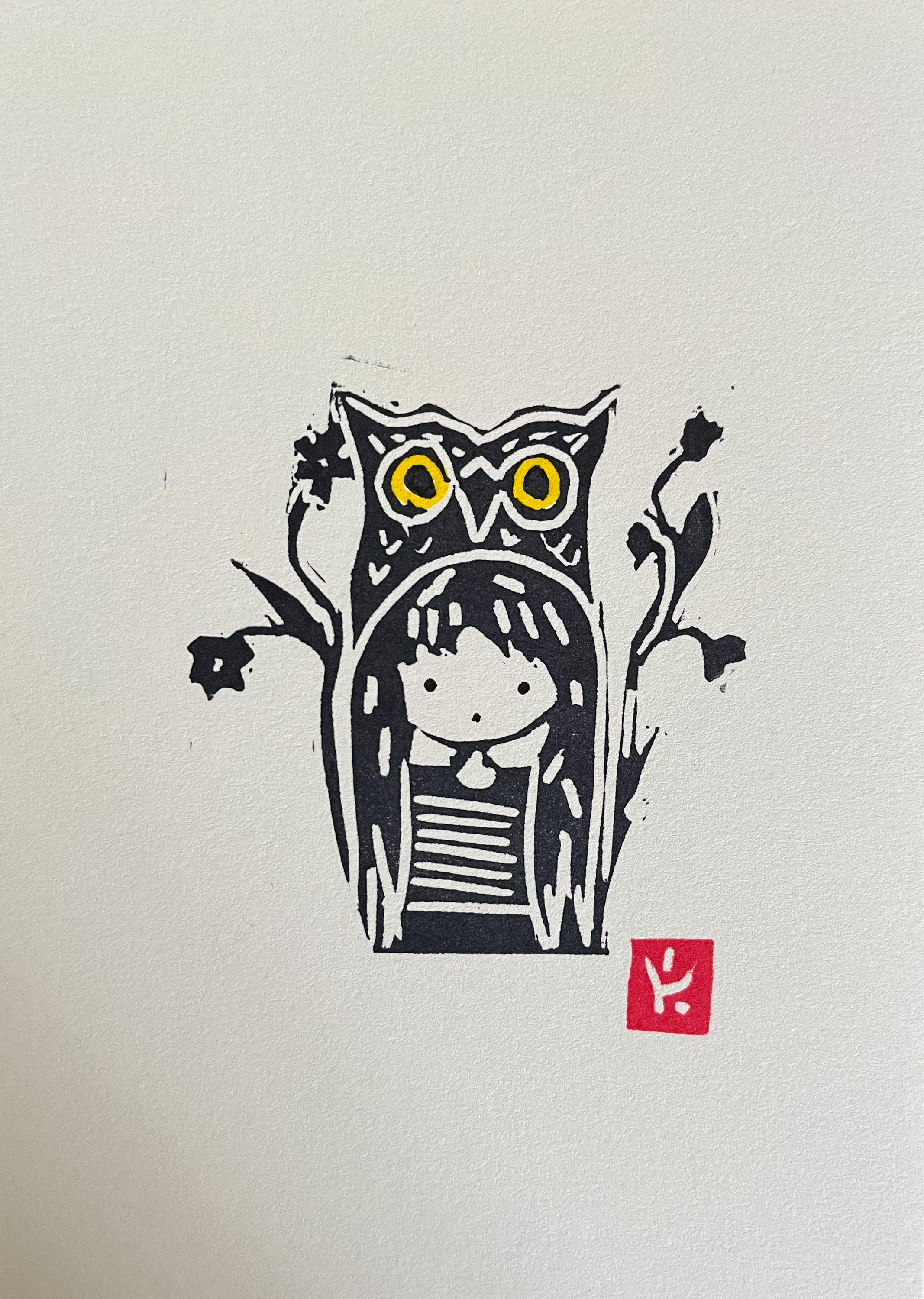 Owl Girl Small Linocut Print