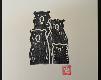 Bear Family-Small Linocut-Baby Room Decor