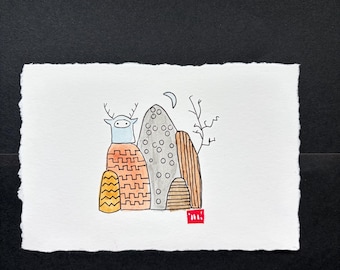Whimsical Forest Animal Ink Wash Art|Small Original 4x6 inch Painting