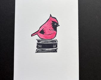 Cardinal Bird Linocut Print, Hand Painted Reading Bird Art