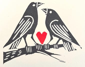 Impression linogravure corbeaux - art amour oiseau noir audacieux