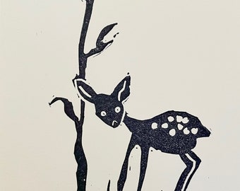 Deer in a Forest-Linocut Print