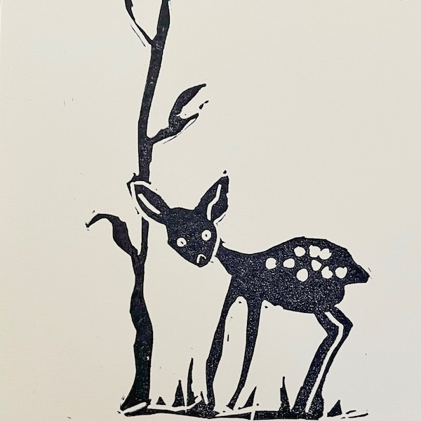 Deer in a Forest-Linocut Print
