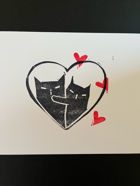 Love Linocut-Black Cats Love