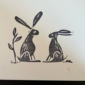Hares Linoleum Block Print-Hand Carved Hand Printed Hand Made