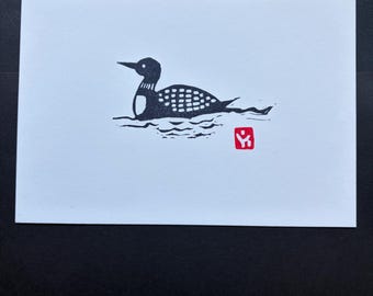 Loon Linocut Print 5x7, Hand Printed Bird Art