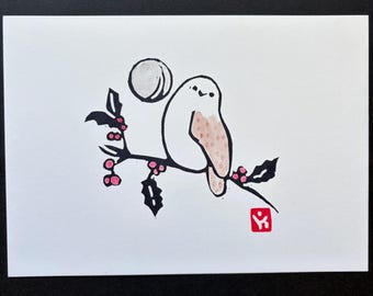Owl and Holly Berries Linocut Print|Watercolor Winter Moon Bird Art