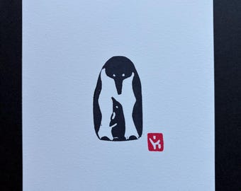 Penguin and Chick Linocut Print, Minimalist Wall Art