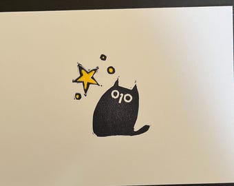 Mirando las estrellas - Pequeño gato - Grabado en linóleo