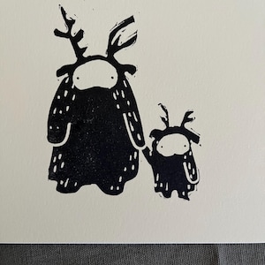 Forest Creatures-Small Linocut-Unique Art
