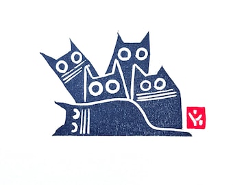 Cat Family-Small Linocut