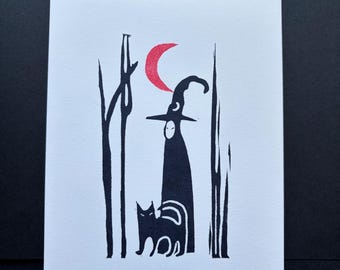 Black Cat and Witch Linocut|Gothic Folk Art| Hand Printed Art