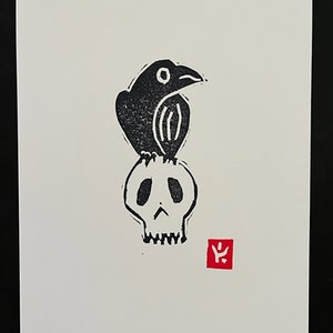 Raven and Skull Linocut