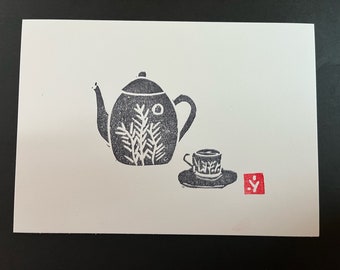 Tea Set Linoleum Block Print