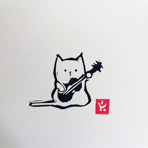 Guitar Cat- Small Linocut Print