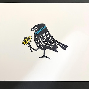 Blue Throated Bird with a Flower-Small Linocut Print