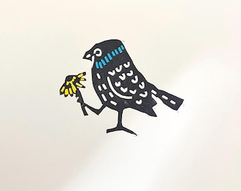 Blue Throated Bird with a Flower-Small Linocut Print