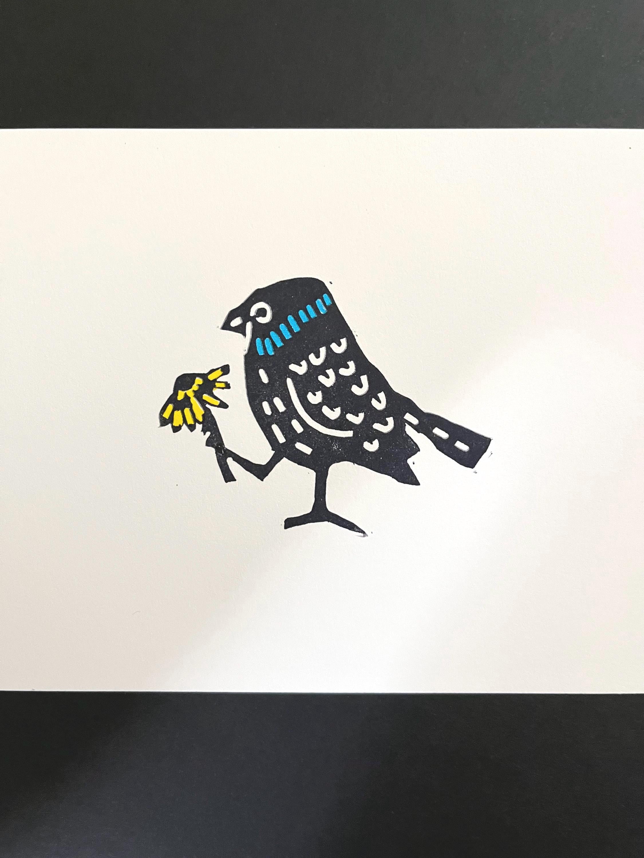 Blue Throated Bird with a Flower-Small Linocut Print