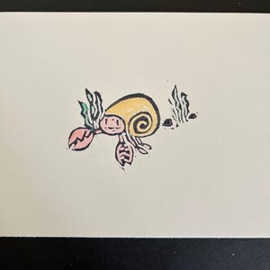 Whimsical hermit crab linocut print- watercolor details-hand printed coastal art-beach house decor