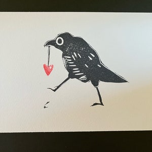Gazza, ladro di uccelli, stampa su linoleum, mini stampa di cuore rubato
