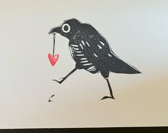 Magpie, Bird Thief, Linoleum Block Print,Mini Print of Stolen Heart