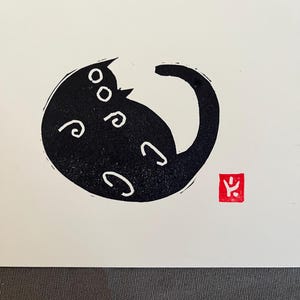 Funny Cat Lying on her Back-Small Original Linocut