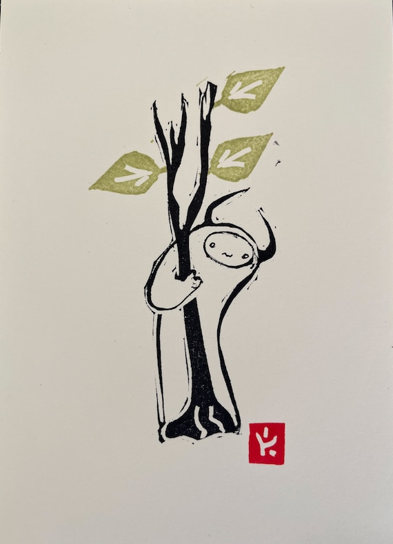 Tree Spirit- Small Linocut Print-Tree Art
