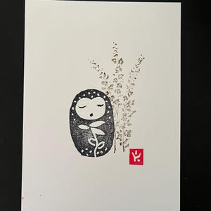 Jizo Buddha Linocut-Protector of Children Block Print