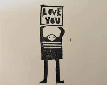 Love U Linocut-Cute Small Block Print