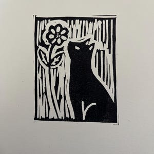 Black Cat Linocut-Small Floral Print