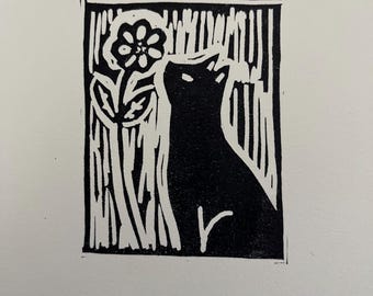 Linoleografia gatto nero - Piccola stampa floreale