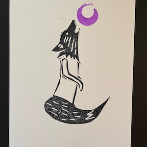 Wolf Human with Purple Moon-Small Linocut-Affordable Art