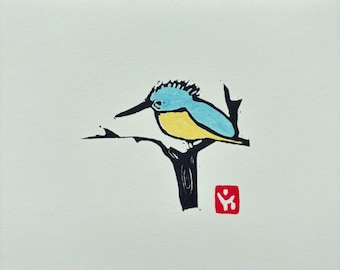Kingfisher Linocut Print, Hand Painted, 5x7 inches Woodland Bird