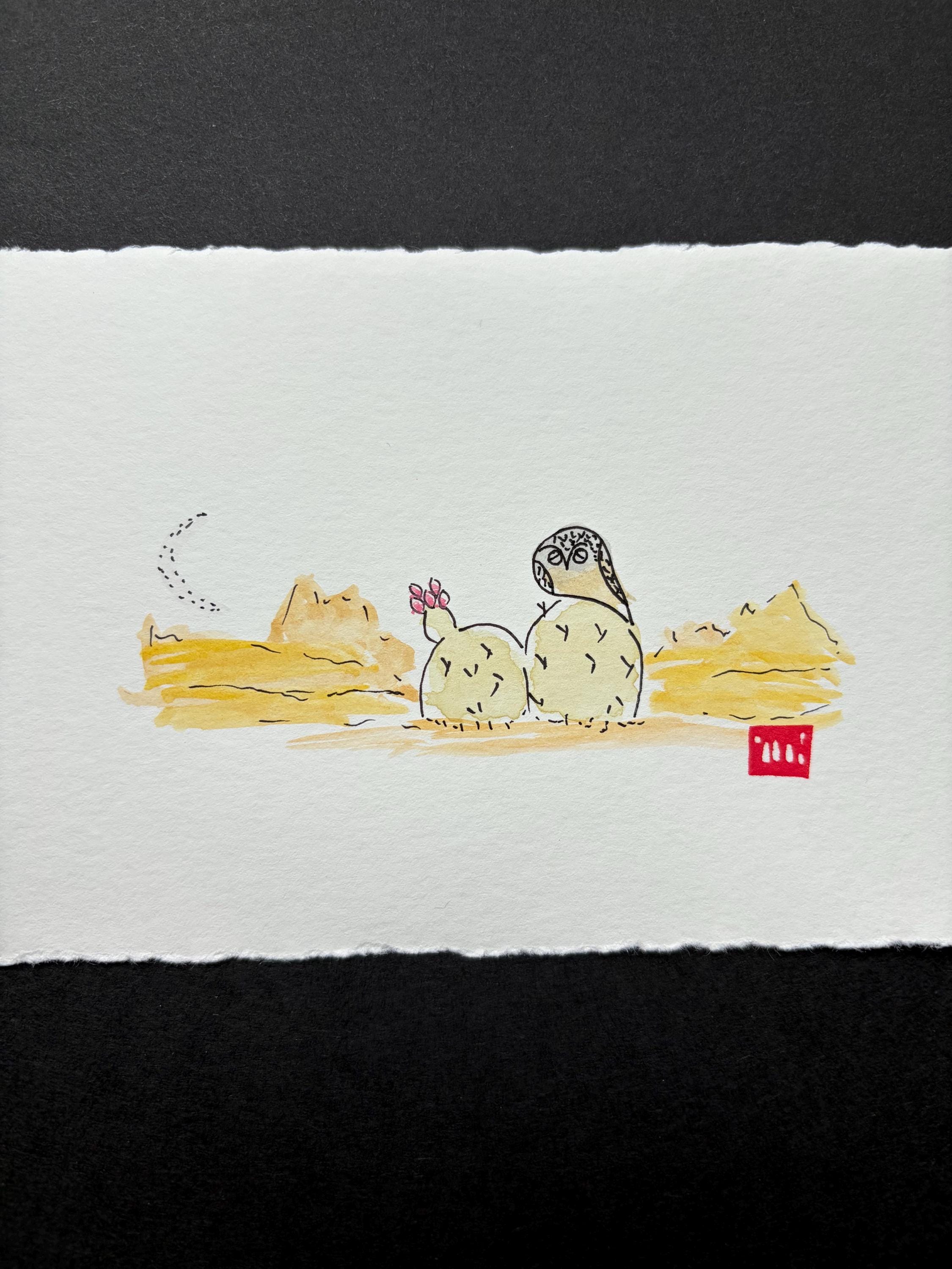 Desert Owl Small Watercolor Painting- Desert Landscape