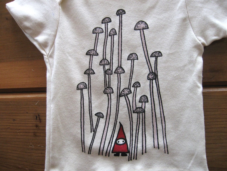 Tshirt for Kids or Baby Bodysuit Organic Cotton with Gnome in a Mushroom Forest