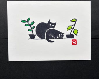 Cat and House Plants Block Print|Original Hand Pulled Relief Print