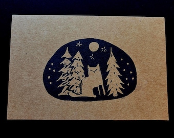 Fox in the Forest Linocut Greeting Card Set of 3| Blank Kraft Card with Envelope