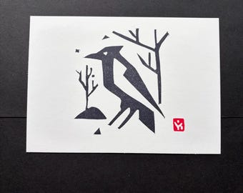 Crow in Winter Garden Linocut|Hand Printed Block Print