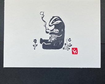 Linosnedeprint met dasthee|Cottagecore handgemaakte blokprint