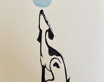 Linogravure Chien et balle ou lune - Impression petit bloc
