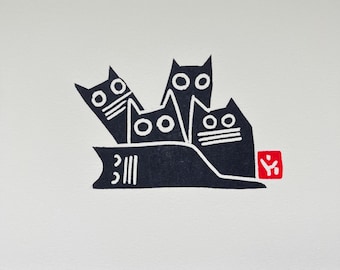 Cat Family-Small Linocut