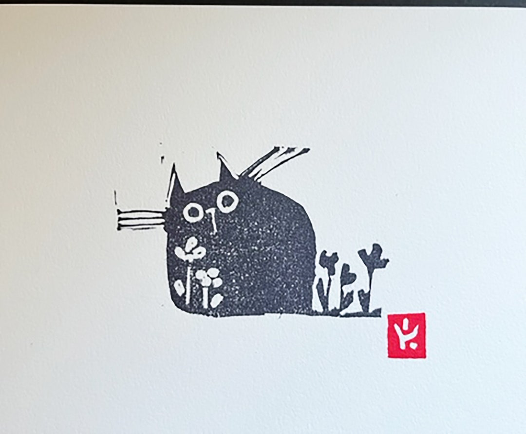 Garden Cat Block Print-Small Linocut Handmade