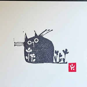 Garden Cat Block Print-Small Linocut Handmade