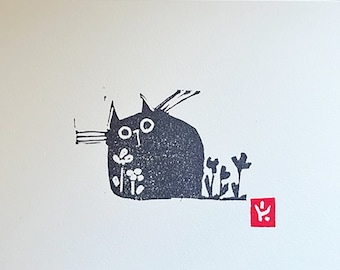 Garden Cat Block Print-Small Linocut Handmade