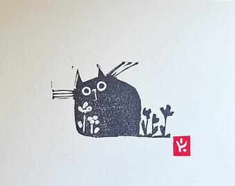 Bloc de chat de jardin impression-petite linogravure faite main