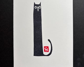 Tall Black Cat Linocut Print 5x7, Minimalist Handprinted Block Print