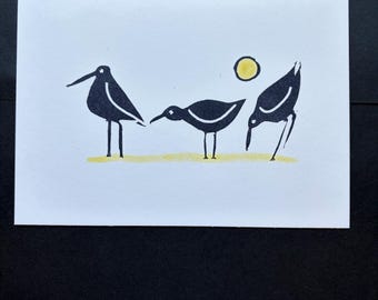 Sandpipers at Sunrise Linocut Print|Watercolor Bird Art